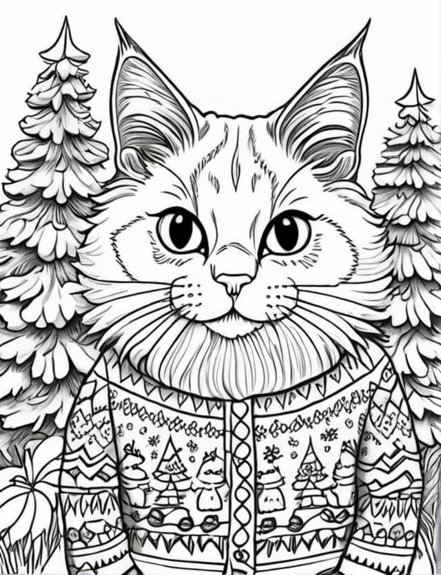 Cat in a Christmas sweater in the forest